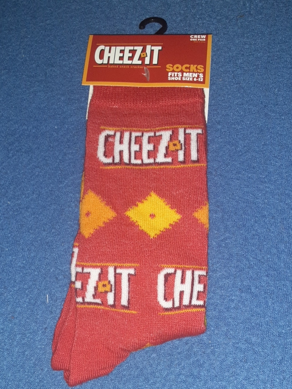 Cheez-It Red Crew Socks with Yellow Diamond Pattern